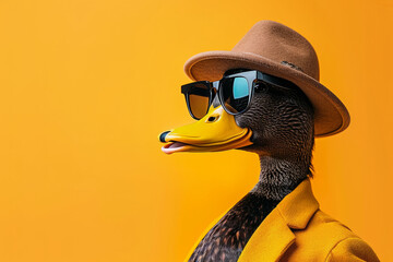 A duck wearing sunglasses and a hat. The duck is wearing sunglasses and a hat, giving it a cool and stylish appearance. stylish funny duck wit. funny animals card. a positive mood