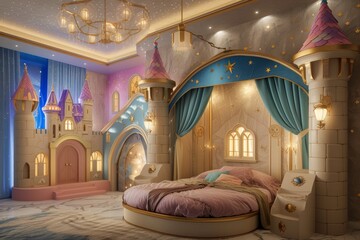 A fantasy-themed kids' bedroom with walls adorned