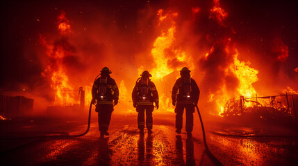 Тhree firefighters go to put out a fire against the backdrop of a raging fire - obrazy, fototapety, plakaty