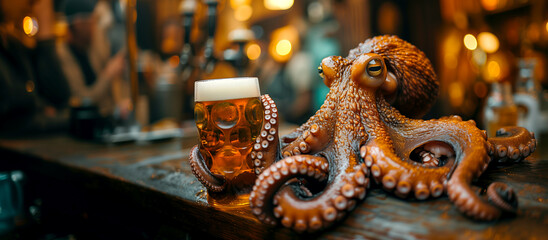 Octopus tentacles holding glass of beer. Octopus drinks beer