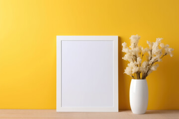 White frame mockup with decorative dried flowers in a vase