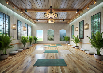 Tranquil Yoga Studio with Calming Decor and Natural Elements 