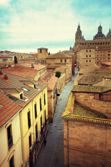 View from Palacio de Monterrey to Compania street. Domes of the Salamanca Cathedral in the background - 764614675