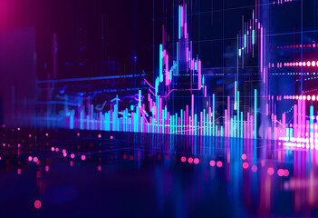 Stock Market Trends Under Blue and Purple Neon Glow: Dynamic Perspective and Depth in Financial Illustration