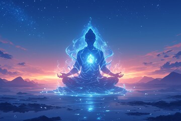 A meditating figure with glowing energy centers and auras, representing the connection between mind, body, spirit and soul in meditation. 