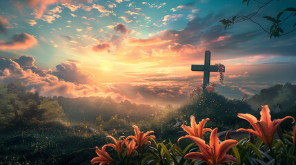 Easter sunrise with a cross and lilies,