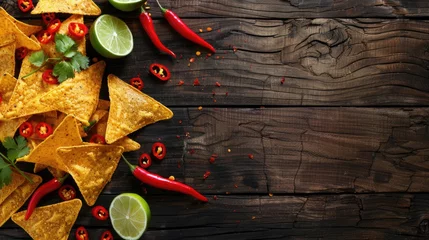 Gordijnen Tortilla chips with red hot chili peppers, lime, and salsa dip on wooden background. © Julia Jones