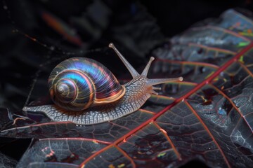 snail with an iridescent trail on a dark leaf