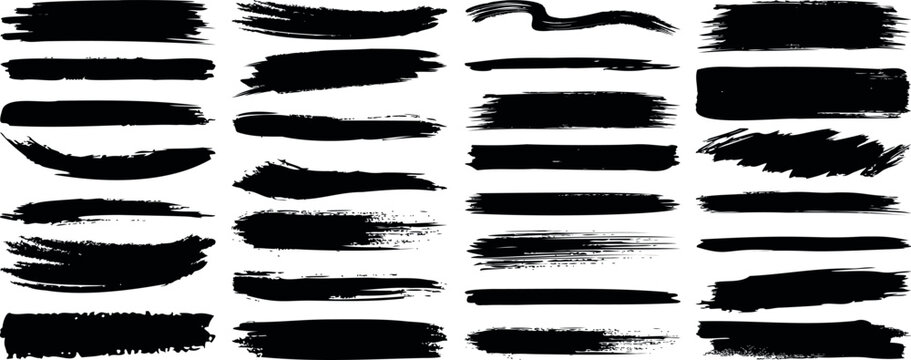 Black brush strokes vector illustration, abstract grunge texture on white background. Artistic design element, paint smear, ink splatter, creative graphic element.