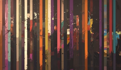 A modern abstract painting with long vertical stripes of different colors, creating an illusionistic effect on the canvas. 