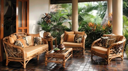 Fototapeta na wymiar Tropical patio furniture with bamboo background.