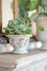 Succulent plant in a classical white pot on a vintage dresser.