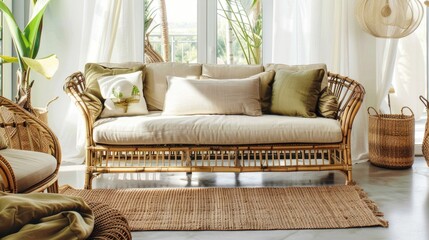 Cozy interior with rattan furniture, beige cushions, and natural light.