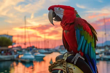 Poster parrot with bright plumage on a pirate hat at sunset marina © stickerside