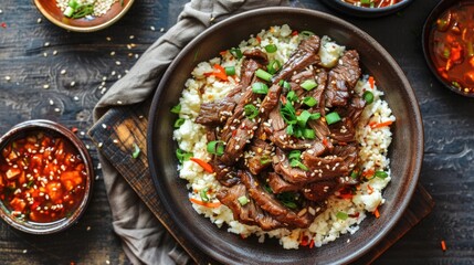 Sliced beef over cauliflower rice garnished with green onions and sesame seeds.