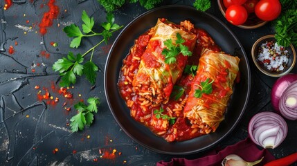 Stuffed cabbage rolls in tomato sauce in a black bowl with herbs. - obrazy, fototapety, plakaty