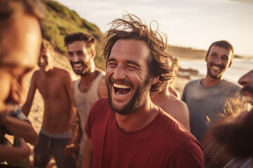 a group of adult men laughing on the beach having a good time with friends - 764615492