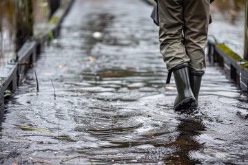 a person in waders stands on a flooded swamp pier - obrazy, fototapety, plakaty