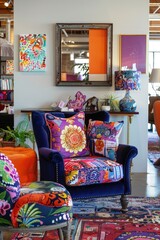 Vibrantly upholstered armchair with patterned pillows in a colorful interior design setting