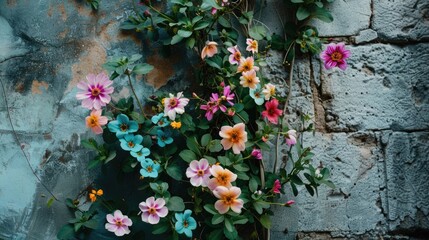 Vibrant wildflowers growing on a rustic urban wall.