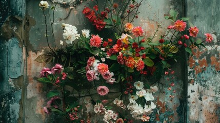 Vibrant wildflowers growing on a rustic urban wall.