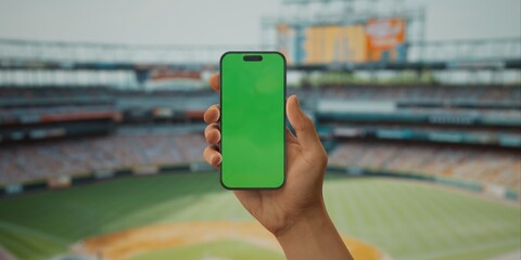A hand holds a smartphone with a green screen at a baseball stadium - 764615891