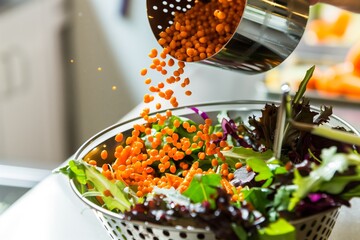 fresh arils being poured into a salad from a small colander - obrazy, fototapety, plakaty