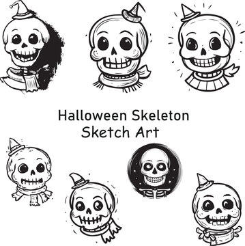 A whimsical sketch of cute Halloween Skeleton Set