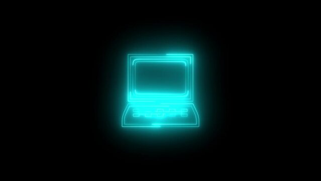 Neon glowing cyan computer laptop icon animation in black background