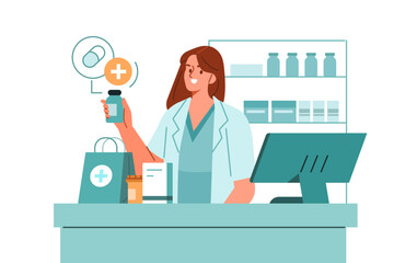 Pharmacist standing at pharmacy counter and presenting prescription drug. Pharma professional at drugstore concept. Vector illustration. - 764616287