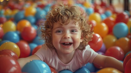 Fototapeta na wymiar Happy child playing in a ball pit with colorful balls.