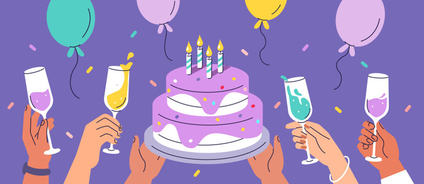 Birthday party celebration. Characters hands holding birthday cake with candles, balloons and wine or champagne glasses. Holiday background. Vector illustration.