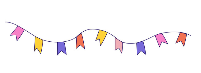 Colorful party pennant banner. Flat vector illustration isolated on white background. Celebration and decoration concept. Design for birthday, festival, event invitation. - obrazy, fototapety, plakaty