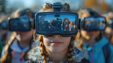 Child wearing virtual reality headset with reflective screen in outdoor setting
