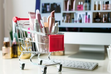 cart with beauty products, cosmetics site on computer screen