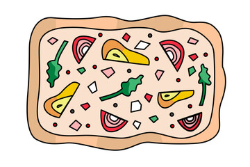 Tart with pears, asparagus and onions. German pizza illustration. Vector flat illustration isolated on white background. 