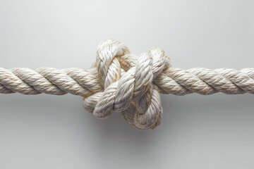 Fototapeta premium Tight knot in thick white rope, strength and struggle symbolized, simple gray background.