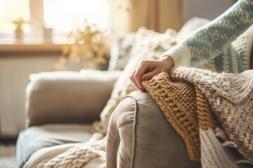 person setting up a cozy nook with a knit blanket on a sofa armrest - obrazy, fototapety, plakaty