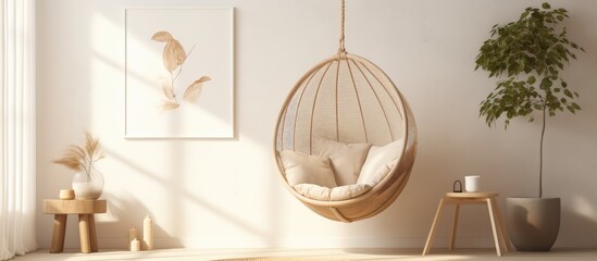 A stylish hanging chair suspended in a room adorned with a lush green plant, creating a cozy and inviting atmosphere