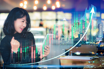 Double exposure of stock market graph and business woman working on smart phone at cafe financial stock exchange marketing concept.
- 764616811