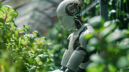 humanoid robot android farmer helps grow plants, vegetable garden of the future, futuristic food growing technology, agriculture development::