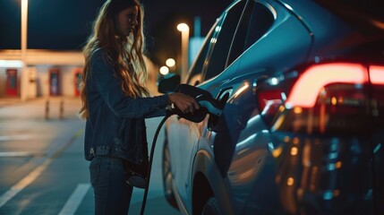 Woman charging electric car at night. Eco-friendly transportation and sustainable lifestyle concept