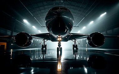 Private jet facing forward in hangar, dramatic lighting, modern and sleek. - obrazy, fototapety, plakaty