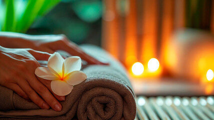 Spa setting with folded towel, plumeria flower, ambient lights, relaxing atmosphere.