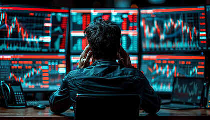 Stockbroker Male Looking at Stock Trading data on Display Board at Stock Exchange Market as Business financial investment concept. The Market trend is decrease or Down as show in red Figure. Stressed  - obrazy, fototapety, plakaty