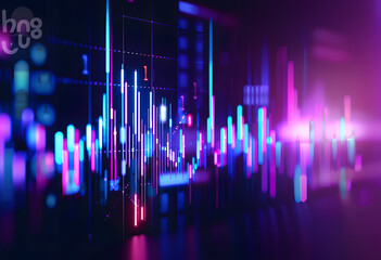 Stock Market Trends Under Blue and Purple Neon Glow: Dynamic Perspective and Depth in Financial Illustration