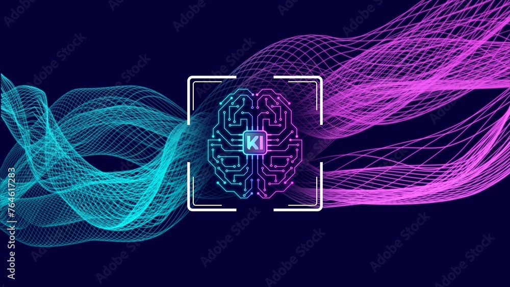 Poster human brain symbolic for ki artificial intelligence centered into background of grid waves - abstrac