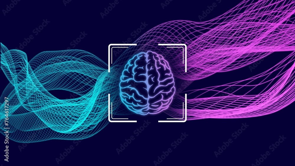 Poster human brain symbol centered into background of grid waves - abstract cyber technology and automation