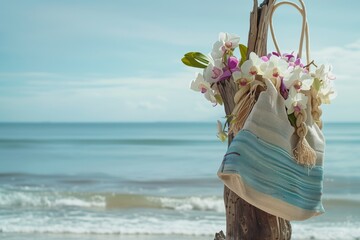 beach bag hanging on a driftwood post, orchids draped over edge