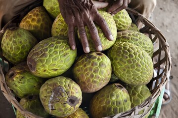 basket full of breadfruit, with owners hands on top